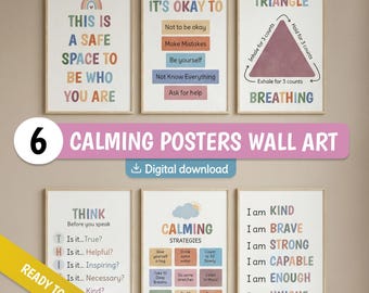 Classroom Decor Calming Corner Posters Bundle Set of 6, School Counselor Decor, Mental Health Emotional Regulation, Affirmation Posters Kids