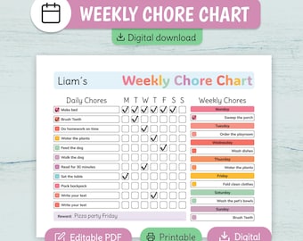 Kids Weekly Chore Chart: Editable Responsibility Checklist | Visual Routine for Toddlers | Task Board | Fillable PDF A4 & US Letter