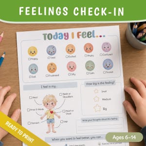May include: A Feelings Check-In worksheet titled Today I Feel with colorful emotion icons, a body diagram labeled I feel in my, a section for How big is the feeling with star icons, and a space to write thoughts for children ages 6-14.