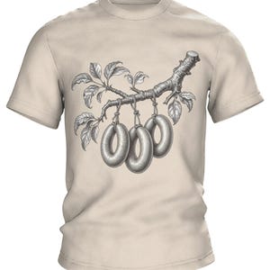 Wurstbaum Stich T-Shirt | Botanische Gravur mit Wurst-Ringen am Ast | Kreuzschraffur Naturkunde Schwarzweiß