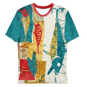 Angelköder Batik T-Shirt, Angler Patchwork Motiv, Bunte Köder Shirt, Geschenk für Angler