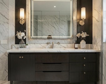 Mueble de baño a medida de 182 cm / Gabinete de madera maciza de roble + encimera de mármol Calacatta / Mueble de baño de lujo con doble lavabo, incluye espejo y grifo GRATIS.