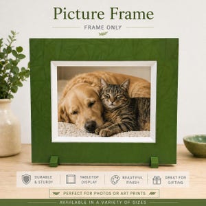 May include: A rectangular picture frame with a dark green border featuring a subtle geometric pattern and a white inner mat. The frame displays a photograph of a golden retriever dog and a tabby cat resting together. Text reads Picture Frame.