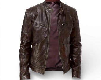 Men's Distressed Brown Leather Jacket, Genuine Leather Café Racer Biker Wear