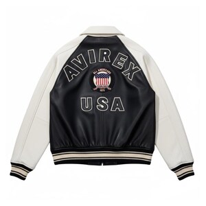 May include: A black and white varsity jacket featuring white sleeves and a black body. The back displays the text AVIREX in an arc above a circular patch with an American flag and the text ALL AMERICANS ESTABLISHED 1975, with USA below.