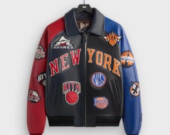 Jaqueta de couro multicolorida do New York Knicks, modelo bomber universitário premium inspirado na Kith.