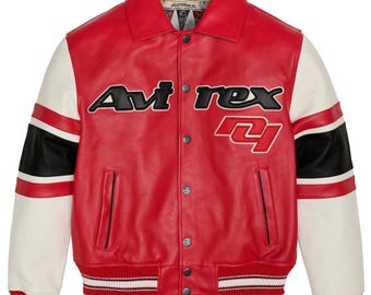Avirex Red Leather Varsity Jacket for Men , Heritage Racing Bomber Style Outerwear