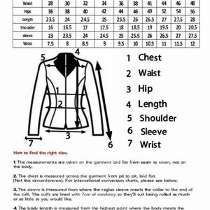 May include: A black and white size chart for clothing featuring a table with measurements in inches for sizes XS through 6XL. A line drawing of a jacket shows numbered points 1 through 7 corresponding to body areas, with text instructions on how to measure.
