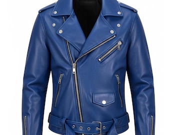 Men’s Blue Leather Biker Jacket, Classic Moto Motorcycle Coat with Belted Waist