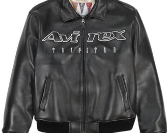 Avirex Trapstar Black Leather Bomber Jacket for Men , Premium Aviator Inspired Streetwear Outerwear