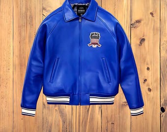 Blue Leather Bomber Jacket Men, Luxury Casual & Streetwear Outerwear