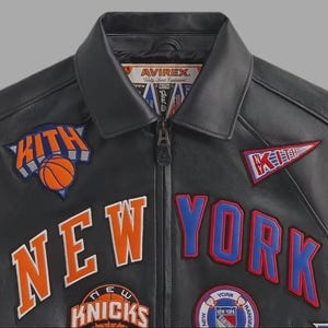 Kith x Avirex New York Knicks Black Leather Jacket , Limited Edition Varsity Bomber image 2