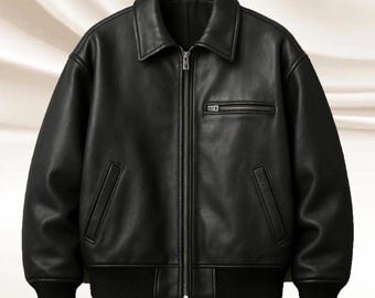 Men's Classic Black Leather Bomber Jacket , Premium Zip-Up Casual Outerwear
