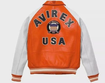 Avirex Orange Leather Flight Jacket , Classic American Streetwear Style