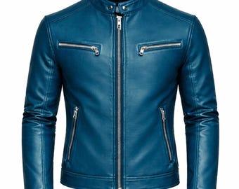 Men's Blue Leather Cafe Racer Jacket , Classic Motorcycle Biker Style