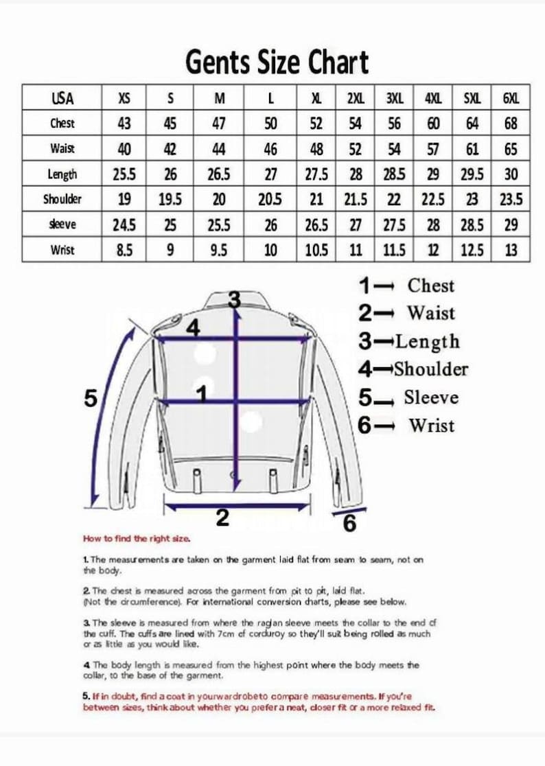 May include: A Gents Size Chart featuring a table with measurements in inches for chest, waist, length, shoulder, sleeve, and wrist across sizes XS to 6XL. Below the table is a line drawing of a jacket with numbered arrows indicating measurement points.