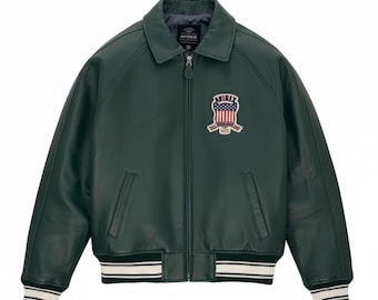 Avirex Heritage Green Leather Bomber Jacket , Classic USA Inspired Design
