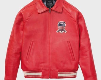 Avirex Heritage Red Leather Bomber Jacket, Classic American Outerwear