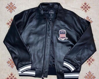 Avirex Black USA Leather Bomber Jacket, American Flight Style, Genuine Cowsoft Leather