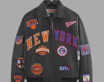 Jaqueta de couro preta Kith x Avirex New York Knicks, edição limitada estilo bomber universitário.