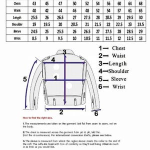 May include: A men's jacket size chart, displaying measurements in inches for chest, waist, length, shoulder, sleeve, and wrist. Includes a diagram showing how to measure the jacket.