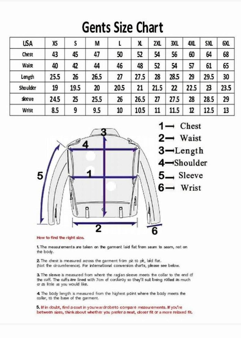 May include: A men's jacket size chart, displaying measurements in inches for chest, waist, length, shoulder, sleeve, and wrist. Includes a diagram showing how to measure the jacket.