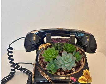 Doniczka w kształcie telefonu w kolorze czarnym | Dekoracja botaniczna z prasowanych kwiatów z żywicy