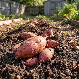 May include: A close-up shot of freshly harvested sweet potatoes in a garden bed. The sweet potatoes are a reddish-brown color, with some soil clinging to their skins. The image shows the sweet potatoes in the soil, with some of their roots still attached.