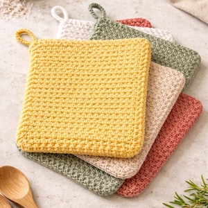 May include: A stack of five square crochet potholders in various colors: yellow, white, green, beige, and coral. Each potholder has a loop for hanging. The potholders are made of a textured, knitted material.