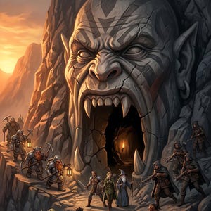 May include: Digital fantasy art depicting a massive stone face with an open mouth forming a cave entrance. The title "The Gullet Of Gorthak" is at the top. Various fantasy characters, including orcs, dwarves, and wizards, are shown entering the cave.