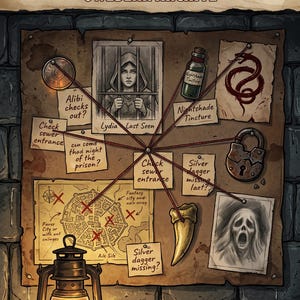 May include: An illustrated case file for D&D 5E, featuring a crime scene investigation theme. The image includes a map, notes, and a lantern. Text on the image reads "CASEFILE: TRUE CRIME MYSTERIES FOR D&D 5E" and "OWLBEAR ARCHIVE."
