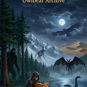 May include: An illustrated book cover titled "The Cryptid Compendium Owlbear Archive." The image depicts a fantasy scene with a hooded figure reading by a campfire, surrounded by mythical creatures like Bigfoot and a bat-like monster.