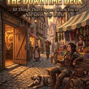 May include: An illustrated fantasy scene depicts a woman with a mug, a dog, and a sword, seated on a bench in a medieval town. The image is an advertisement for "The Downtime Deck," a D&D 5e resource with the text "50 Things That Happen When You're Not Saving the World."