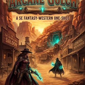 May include: A fantasy-western game cover titled Arcane Gulch, A 5E Fantasy-Western One-Shot. The scene depicts a dusty town with wooden buildings, including a saloon and general store, with two figures wielding glowing blue magical energy.