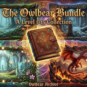 Peut inclure: L'ensemble Owlbear : une collection de niveaux 1 à 15. Image sur le thème de la fantaisie avec un livre central entouré de quatre scènes illustrées : une forêt, un donjon, un jardin de fées et un paysage volcanique avec un dragon.
