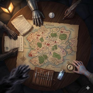 Puede incluir: Un mapa de fantasía detallado con varias ubicaciones, incluyendo ciudades, bosques y sitios arcanos, se extiende sobre una mesa de madera. Varias manos son visibles, algunas sosteniendo plumas y documentos, mientras que otras señalan el mapa. Una brújula, un pequeño vial y un estuche de herramientas de cuero también están presentes.