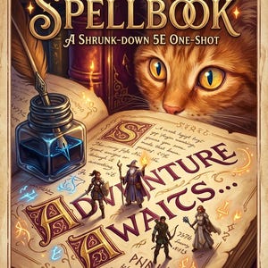 May include: A book cover titled Inside the Spellbook: A Shrunk-down 5E One-Shot featuring an orange cat looking at an open book. The page displays the text Adventure Awaits, a quill in an inkwell, and four small fantasy character figures.