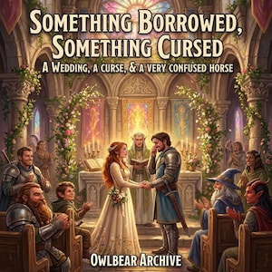Pode incluir: Ilustração digital de uma cerimônia de casamento. A imagem apresenta uma noiva e um noivo de mãos dadas em frente a um altar. O texto na parte superior diz "SOMETHING BORROWED, SOMETHING CURSED". A parte inferior da imagem tem o texto "OWLBEAR ARCHIVE".