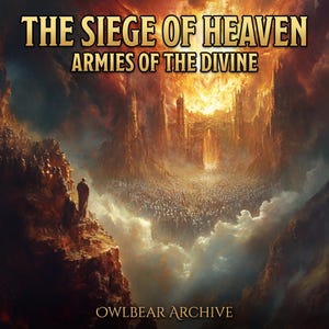 以下が含まれることがあります： 「The Siege of Heaven: Armies of the Divine」と題されたデジタルアート。 1人の人物が、広大な軍隊と黄金色の光に包まれた天上の都市を見下ろす崖の上に立っています。 OwlBear Archiveのロゴが下部に表示されています。
