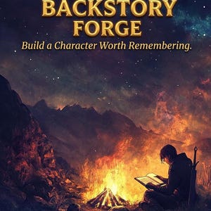 May include: An illustrated book cover with the title "THE BACKSTORY FORGE" in gold lettering. The image depicts a person reading by a campfire, with mountains and a starry sky in the background. The text reads "Build a Character Worth Remembering."
