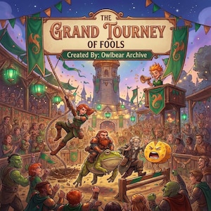 Pode incluir: Ilustração de "The Grand Tourney of Fools" por Owlbear Archive. Uma mulher balança numa corda, um anão monta uma rã e um personagem de queijo salta um obstáculo. Uma multidão aplaude, com faixas e lanternas.