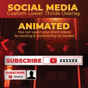 Op de afbeelding: Een digitale afbeelding met de woorden "SOCIAL MEDIA" en "ANIMATED" in gouden letters. De afbeelding bevat een "SUBSCRIBE"-knop met een YouTube-logo en een tijdelijke aanduiding voor een kanaalnaam. De achtergrond is donkerrood met geometrische vormen.