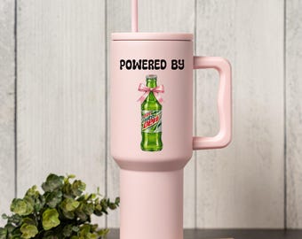 40oz Diet Mountain Dew Tumbler, Powered By Soda Cup, Cute Soda Lover Gift, Large Insulated Travel Tumbler With Handle, Gift For Her