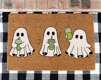 Ghost Matcha Doormat, Halloween Doormat, Matcha Lover Gift, Cute Ghost Welcome Mat, Spooky Fall Decor, Matcha Latte Doormat