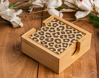Leopard Print Engraved Drink Coasters, Bamboo Coaster Set With Holder, Cheetah Print Gift Ideas, y2k Home Decor, Leopard Print Home Decor