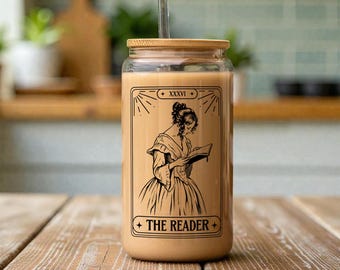 The Reader Tarot Glass Coffee Can, Book Lover Glass, Reading Gift, Tarot Card Gifts, Trendy Coffee Glass, The Reader Gift, Bookish Drinkware