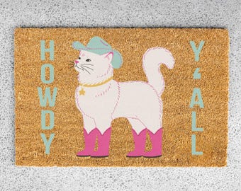 Howdy Y'all Cat Doormat, Cute Western Welcome Mat, Gift for Cat Lovers, Cat Themed Home Decor, Retro Doormat, Western Themed Decor, Dormroom
