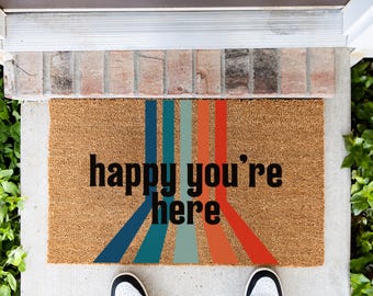 Retro Striped Welcome Doormat, Happy You're Here Welcome Mat, Groovy Stripes Welcome Mat, Colorful Retro Home Decor, Trendy Doormats