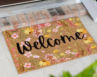 Floral Welcome Doormat, Colorful Flower Welcome Mat, Flower Home Decor, Wildflower Decor, Happy Home Decor, Cheerful Doormat, Cottagecore