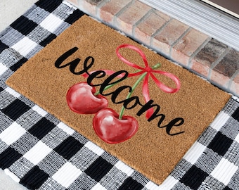 Cherry Doormat with Bow, Cute Welcome Mat for Entryway, Cherry Home Decor, Girlie Doormats, Cute Housewarming Gift Ideas